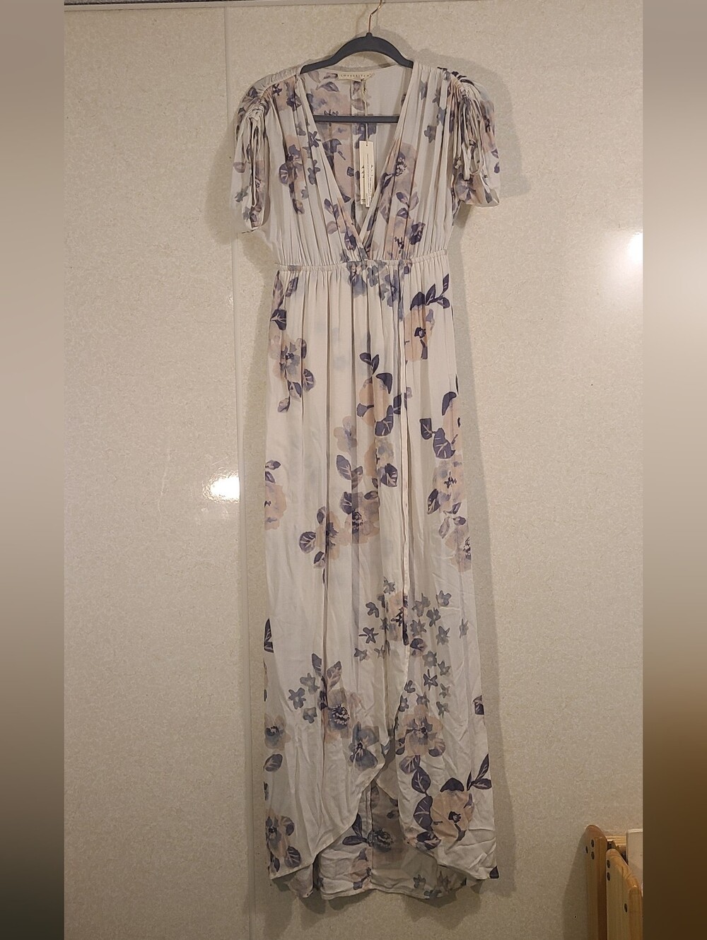 LOVE STITCH_Floral V-Neck Maxi Dress in Cream with Purple And Pink Accents